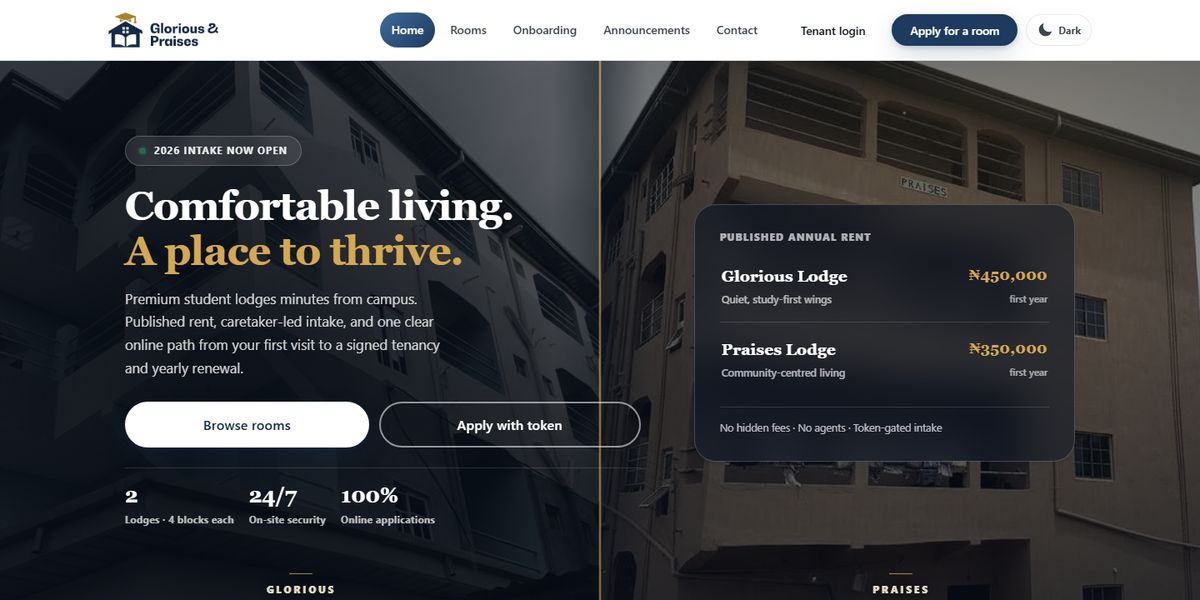 Glorious & Praises student hostel website homepage